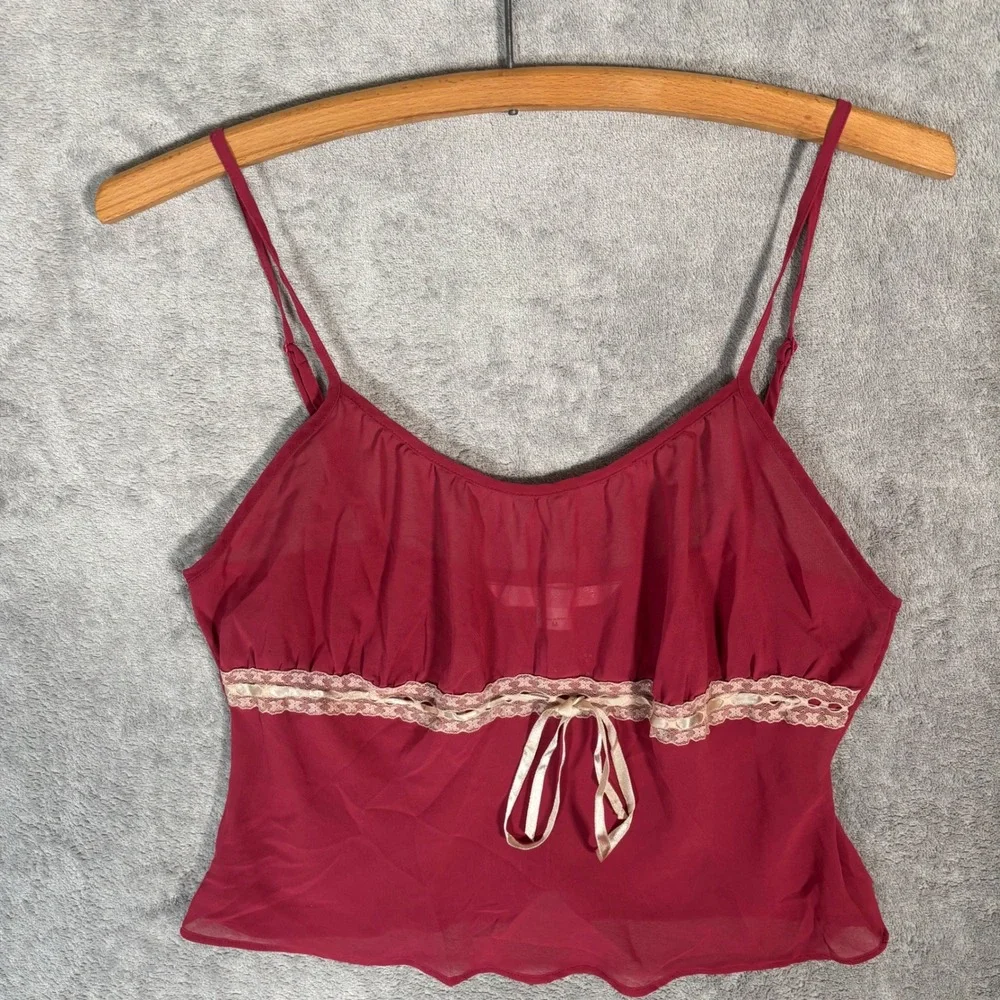 Vintage Victoria's Secret Burgundy Red Babydoll Cami Pajama Set Lace‎ Trim M Y2K